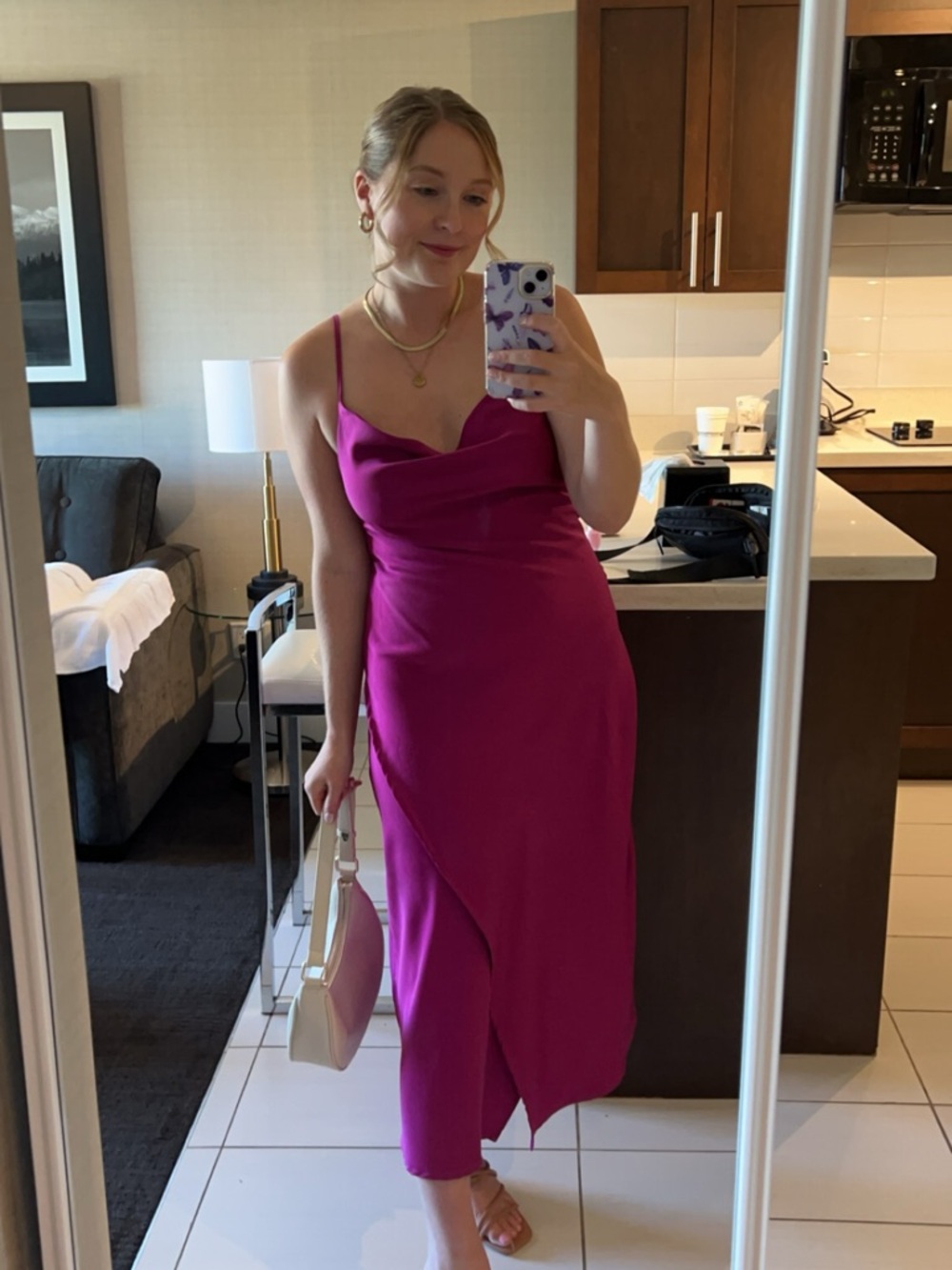 Elegant Fuschia Pink Slip Dress with Cowl Neck